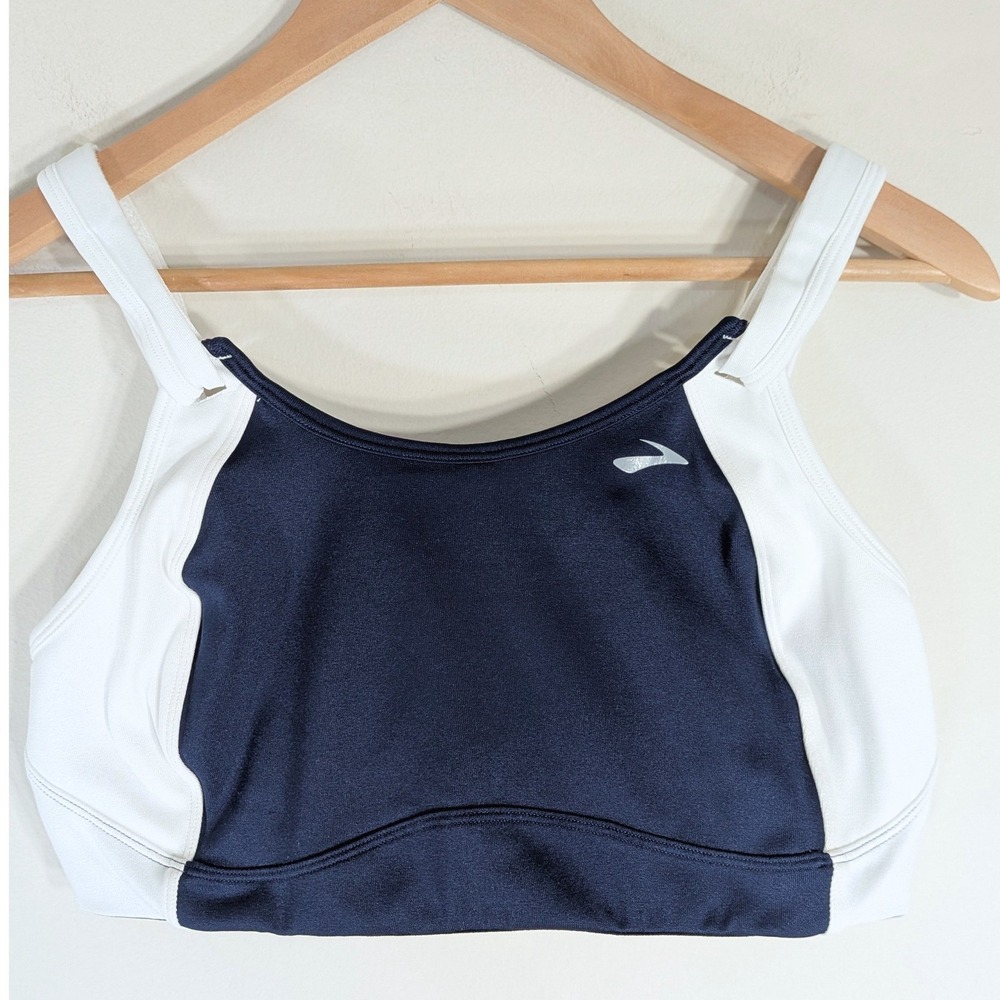 Brooks White and Navy Sports Bra; High Impact, Adjustable Straps, Size 36D